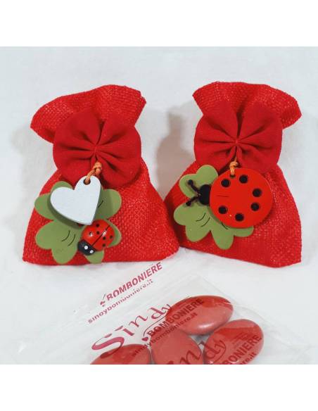 Sacchetti laurea economici, originali con quadrifoglio e coccinella rossa confetti rossi