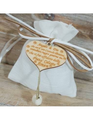 Sacchetto in cotone bianco con cuore in legno con preghiera incisa