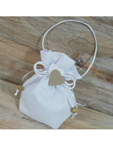 Bomboniera sacchetto per matrimonio bianco con cuori bianchi e tortora AXS55/W