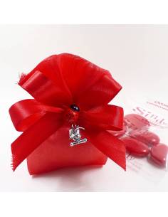 Bomboniera sacchetto LAUREA con  pergamena e TOCCO in zinco, con NASTRO e  confetti rossi