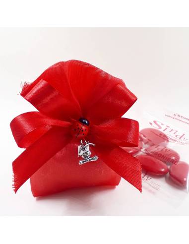 Bomboniera sacchetto LAUREA con  pergamena e TOCCO in zinco, con NASTRO e  confetti rossi