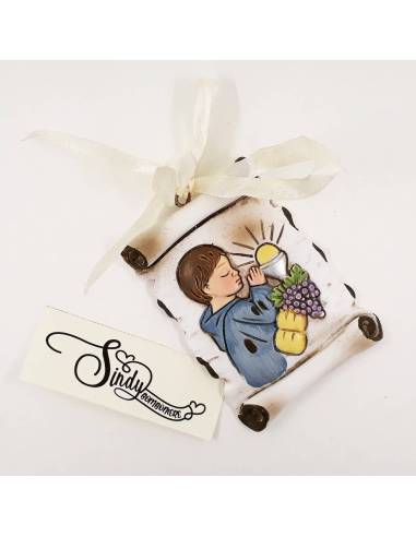 Particolare bomboniere Prima Comunione bambino, pergamena