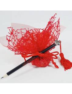 Originale bomboniera idea per laurea sacchettino veletto + matita nera confetti + bigliettino pensiero