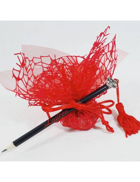 Originale bomboniera idea per laurea sacchettino veletto + matita nera confetti + bigliettino pensiero