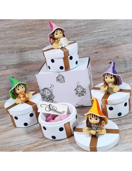 Scatoline porta gioie a pois neri con streghetta pixie assortita in 4 varianti