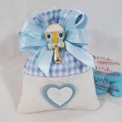 Sacchetto cotone celeste a righe con sonaglio dorato madreperlato maschietto Battesimo