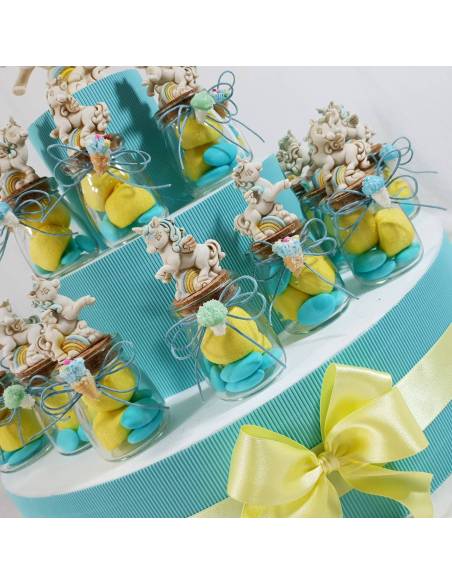 Struttura espositiva vasetti marshmallow con unicorni arcobaleno