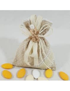 Sacchetto prima comunione con fiocco in juta e applicazione in legno