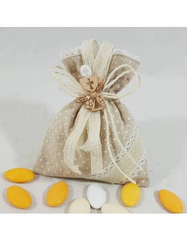 Sacchetto prima comunione con fiocco in juta e applicazione in legno