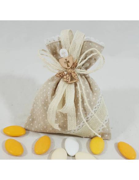 Sacchetto prima comunione con fiocco in juta e applicazione in legno