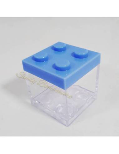Portaconfetti celeste in plexiglass bomboniere nascita tipo Lego