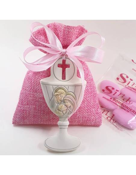 sacchetti per confetti in juta con icona sacra famiglia per battesimo femmina