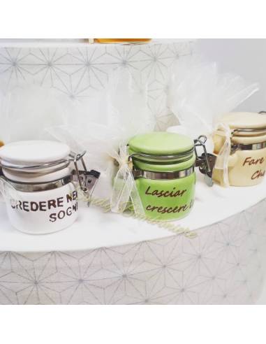TORTA da 25 barattoli ermetici in ceramica con colori e frasi assortite