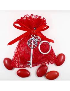 Bomboniera laurea porta confetti sacchetti in rete rosso con chiave albero della vita portachiavi