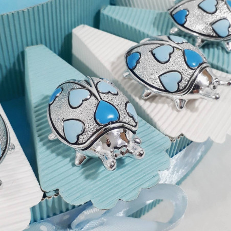 Bomboniera portaconfetti battesimo nascita primo compleanno COCCINELLA portafortuna argentata BIMBO