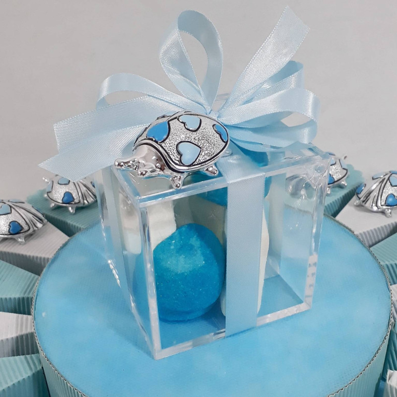 Bomboniera portaconfetti battesimo nascita primo compleanno COCCINELLA portafortuna argentata BIMBO