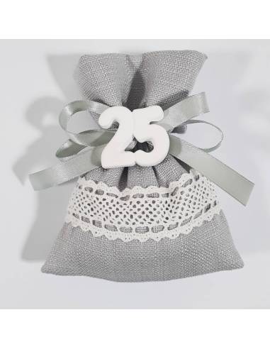 SACCHETTINO BOMBONIERA per 25esimo venticinquesimo nozze d'argento ANNIVERSARIO matrimonio sposi argentato gessetto