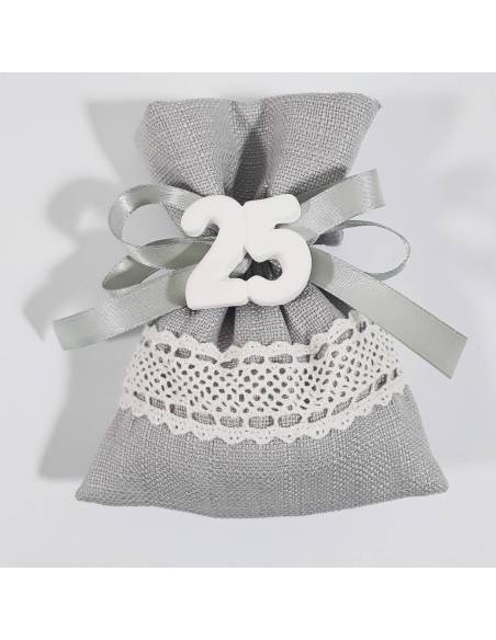 SACCHETTINO BOMBONIERA per 25esimo venticinquesimo nozze d'argento ANNIVERSARIO matrimonio sposi argentato gessetto