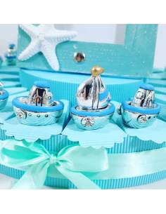 Torta bomboniere barchetta e nave argentate cornice Carlo Pignatelli 2