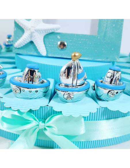 Torta bomboniere barchetta e nave argentate cornice Carlo Pignatelli
