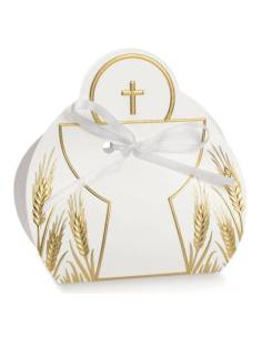 Porta confetti Comunione scatoline bianche e oro per semplici pensierini nome legno 2