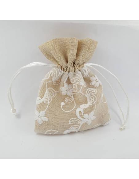 Sacchetto comunione cotone e organza fiori ricamata