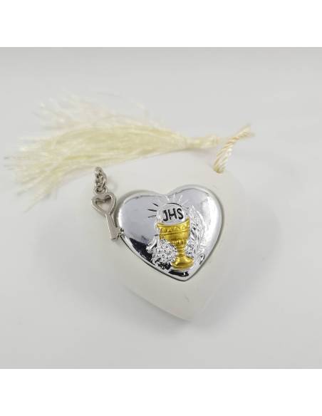 Bomboniere cuore bianco prima comunione placca centrale e chiave ciondolino