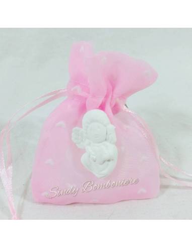 Sacchetto rosa Battesimo femminuccia con angioletto in gessetto