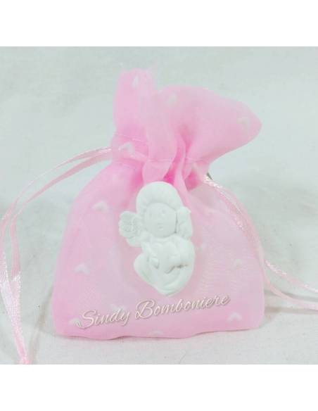 Sacchetto rosa Battesimo femminuccia con angioletto in gessetto