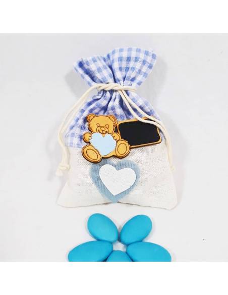 Bomboniera porta confetti sacchettino e orsetto Battesimo bimbo