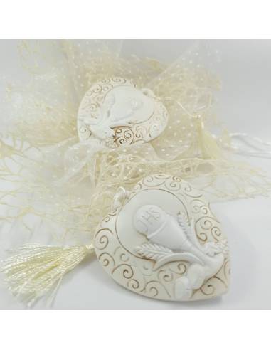 Torta bomboniera comunione cuore marmorizzato calice e cuore inciso