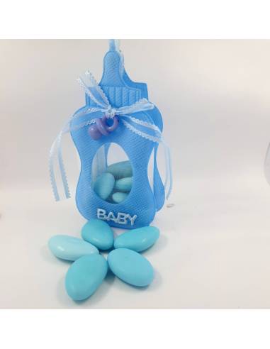 Sacchetto nascita bimbo a forma di biberon con ciuccio pendente