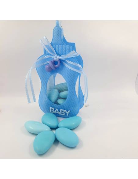 Sacchetto nascita bimbo a forma di biberon con ciuccio pendente