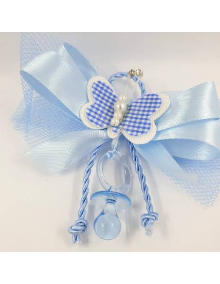 Segnaposto maschietto farfalla azzurra quadratini bianchi