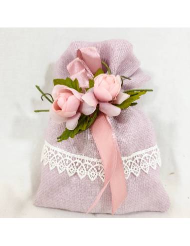 Sacchetto per confetti rosa pizzo macramè dalle tonalità rosa antico