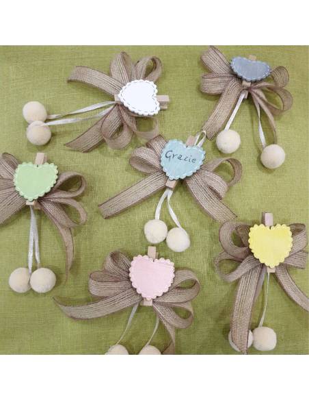 Segnaposto cuore in legno vari colori e ponpon