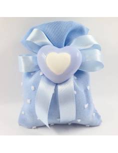 Sacchetto porta confetti azzurro in cotone con cuore in ceramica