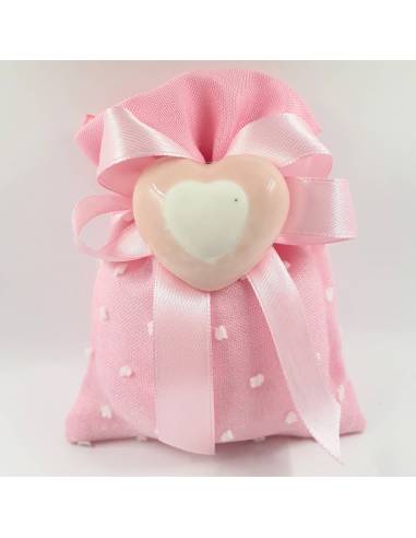 Sacchetto bomboniera portaconfetti rosa cotone con cuore in ceramica