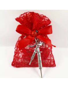 Sacchetto in rete bomboniere laurea FARMACIA tris tocco, termometro, siringa portachiavi confetti rossi