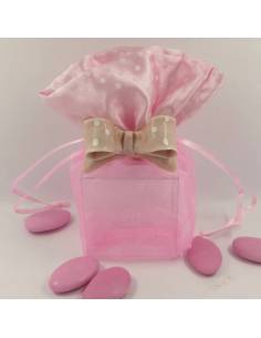 Sacchetti Battesimo organza rosa con fiocco ceramica