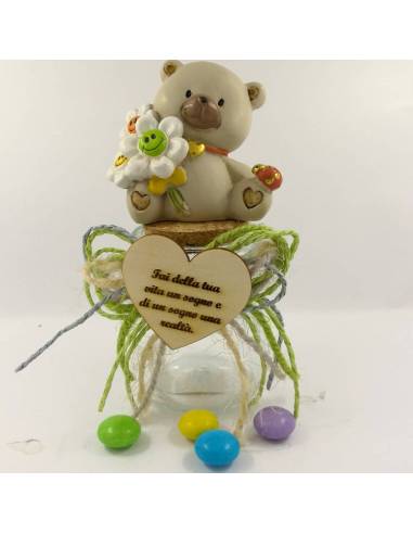 Portaconfetti barattolo Comunione orsetto smile su tappo