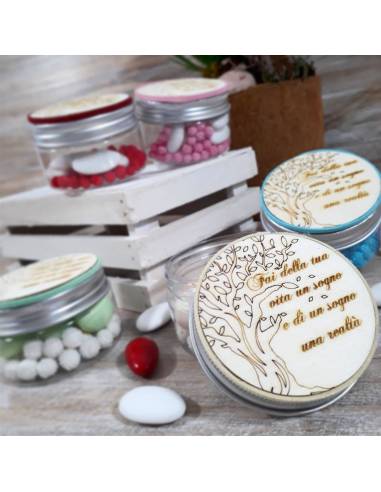 Scatoline Comunione portaconfetti con tappo in legno frase incisa