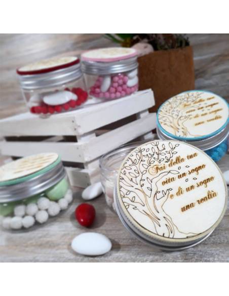 Scatoline Comunione portaconfetti con tappo in legno frase incisa