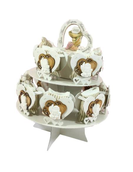 Torta bomboniera per Comunione cuore portaconfetti con gessetto eucarestia