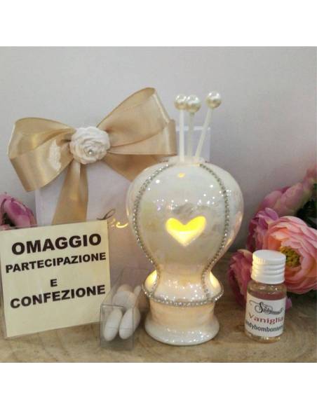 Profumatore bomboniera in porcellana mongolfiera bacchette con perla e luce led