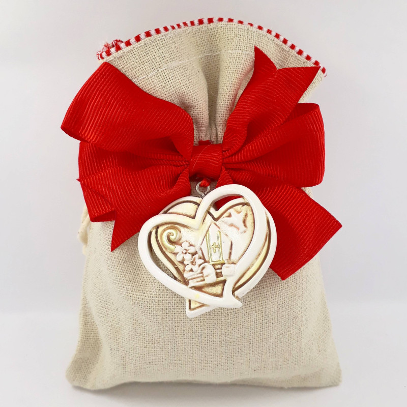 Sacchetto Cresima cuore ciondolo dorato e fiocco rosso
