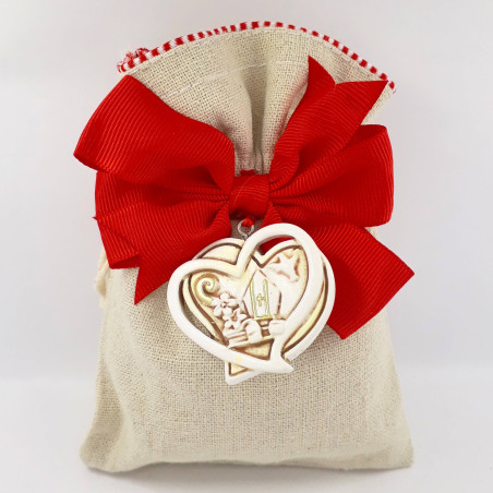 Sacchetto Cresima cuore ciondolo dorato e fiocco rosso