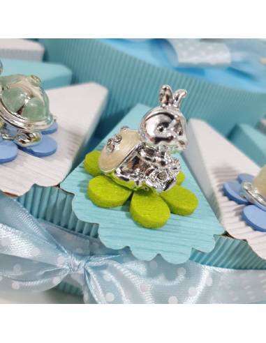 bomboniere battesimo maschio animaletti argentati torta portaconfetti madreperla celeste bomboniera