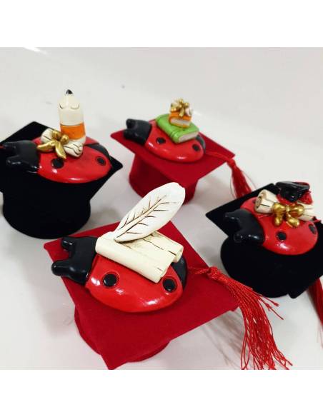 Idee per laurea bomboniere coccinella su tocco in velluto