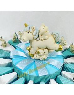 Torta bomboniere unicorno portachiavi panna e celeste 2